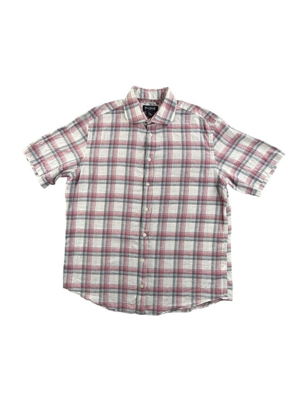 Jos A Bank Shirt Men Large Blue Plaid Linen Cotton Button Up Short Sleeve Preppy